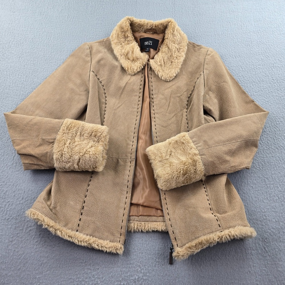 Rue21 Leather Jacket Womens Small Brown Faux Fur Trim Cozy Warm Winter Full Zip